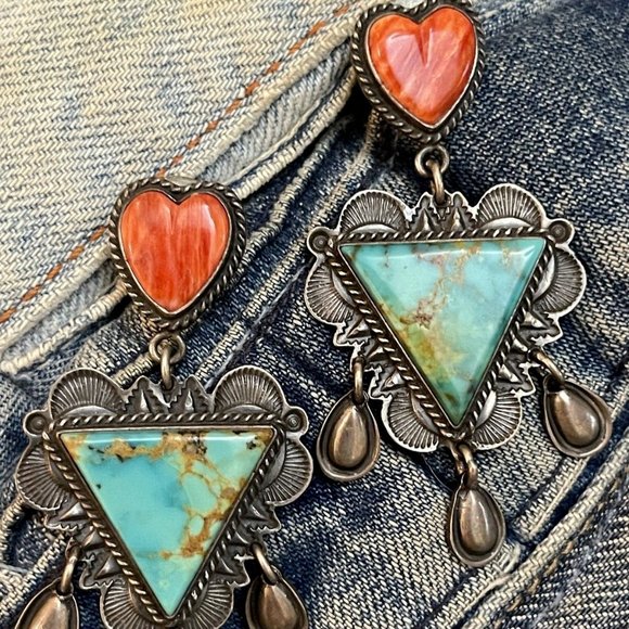 Navajo STERLING TURQUOISE SPINY OYSTER DANGLE EARRINGS Vintage stamped D. REEVES - Picture 2 of 9